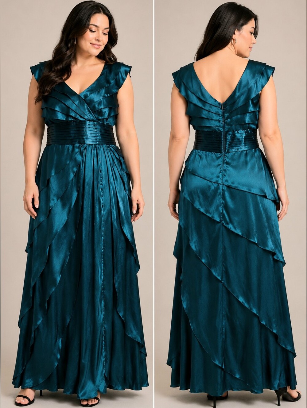 Adrianna Papell Teal Green Satin Ruffle long Formal Gown maxi Dress 12P Wedding